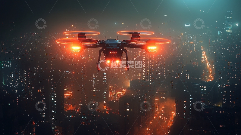 高清大图下载【趣麦麦图】夜空中飞行的红色无人机