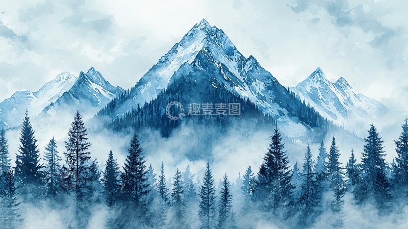 高清大图下载【趣麦麦图】冰雪覆盖的山峰森林