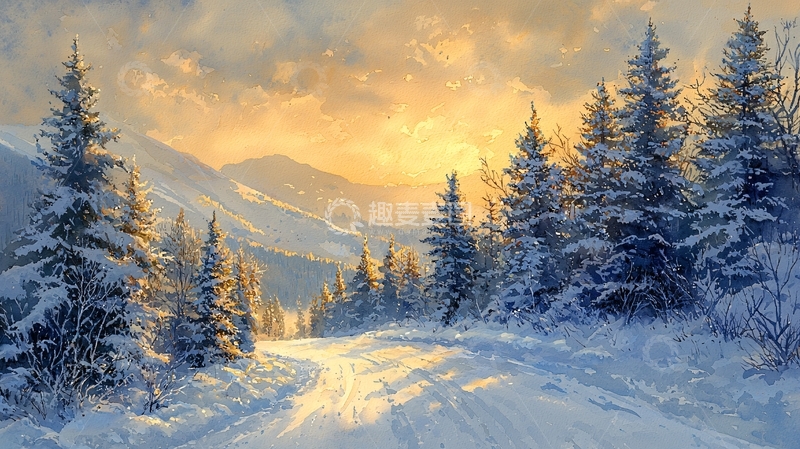 高清大图下载【趣麦麦图】冬日雪景森林的油画风格