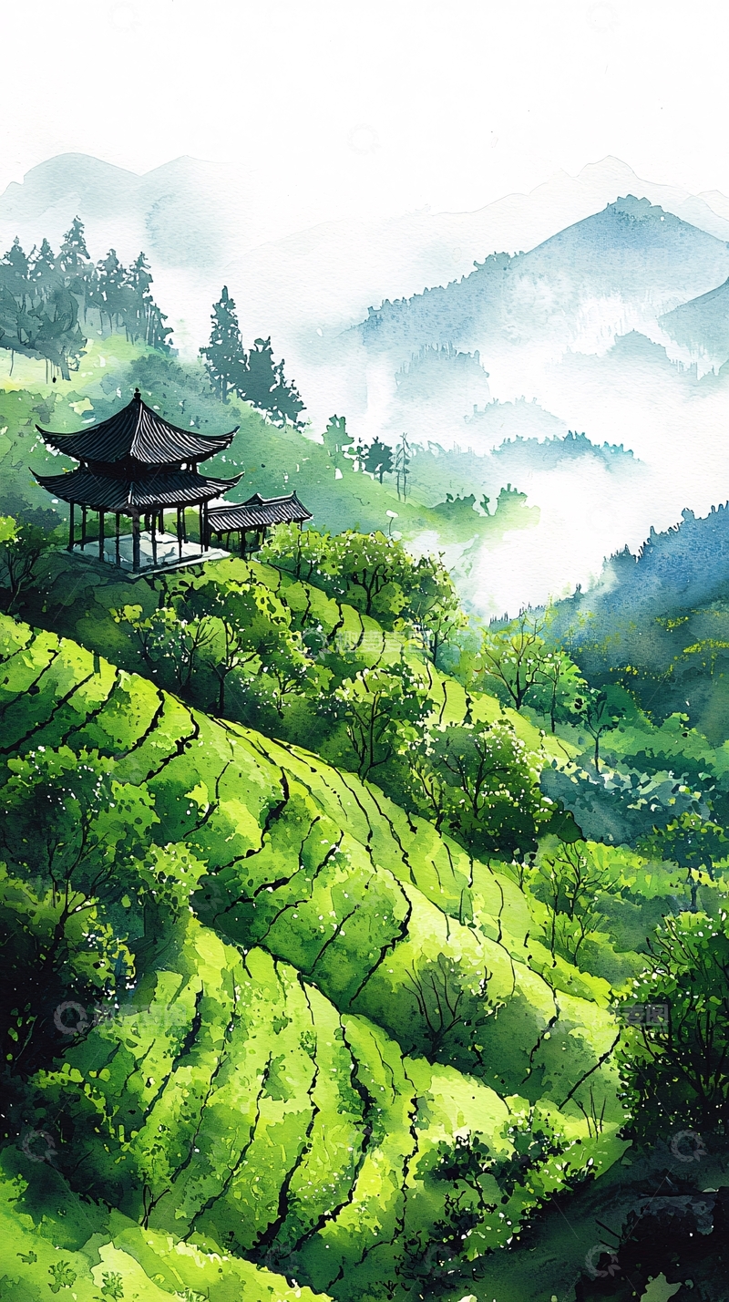 高清大图下载【趣麦麦图】水墨山水中的亭台茶园