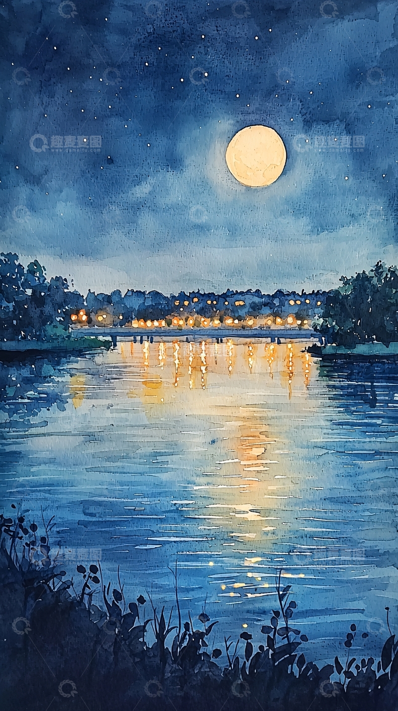 高清大图下载【趣麦麦图】水彩星空夜景