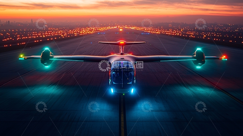 高清大图下载【趣麦麦图】夕阳下飞机跑道起飞