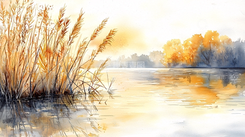 高清大图下载【趣麦麦图】金色芦苇倒影在湖面