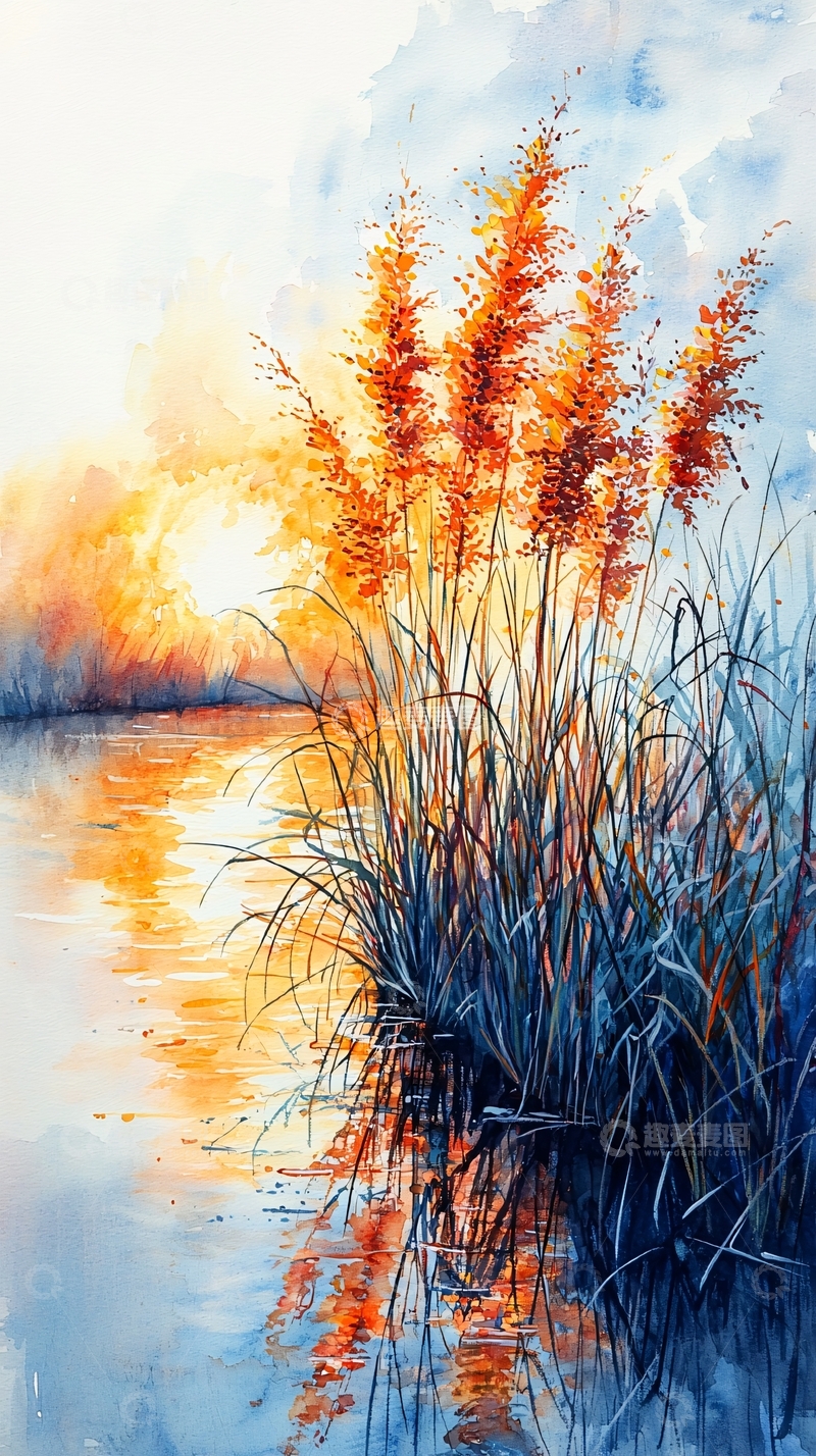 高清大图下载【趣麦麦图】水彩夕阳芦苇