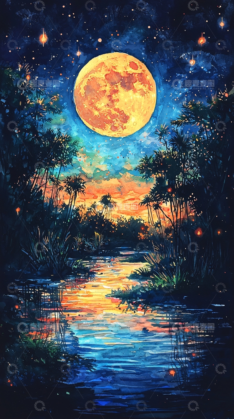 高清大图下载【趣麦麦图】夜晚星空河流月亮
