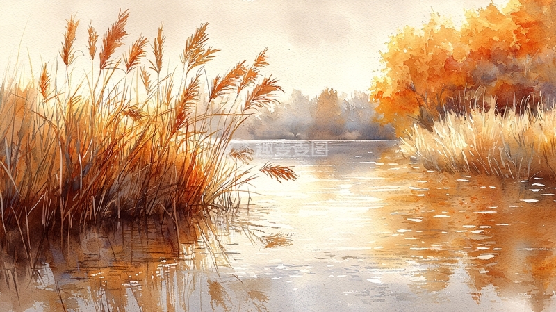 高清大图下载【趣麦麦图】秋日湖边芦苇风景画