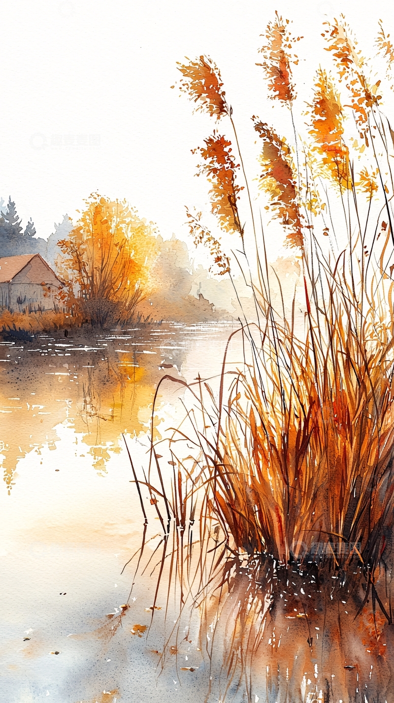 高清大图下载【趣麦麦图】秋日水岸芦苇人家