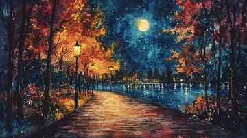 秋夜树林小路满月倒影