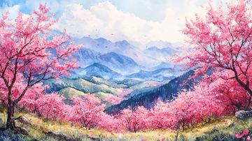 粉色樱花山水风景画