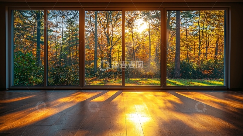 高清大图下载【趣麦麦图】秋日阳光洒满木地板的大落地窗