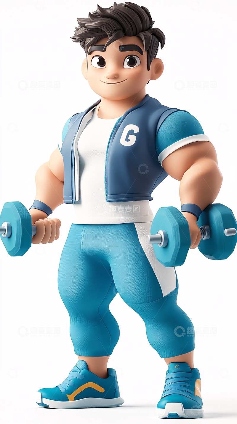 高清大图下载【趣麦麦图】健壮卡通男生举哑铃
