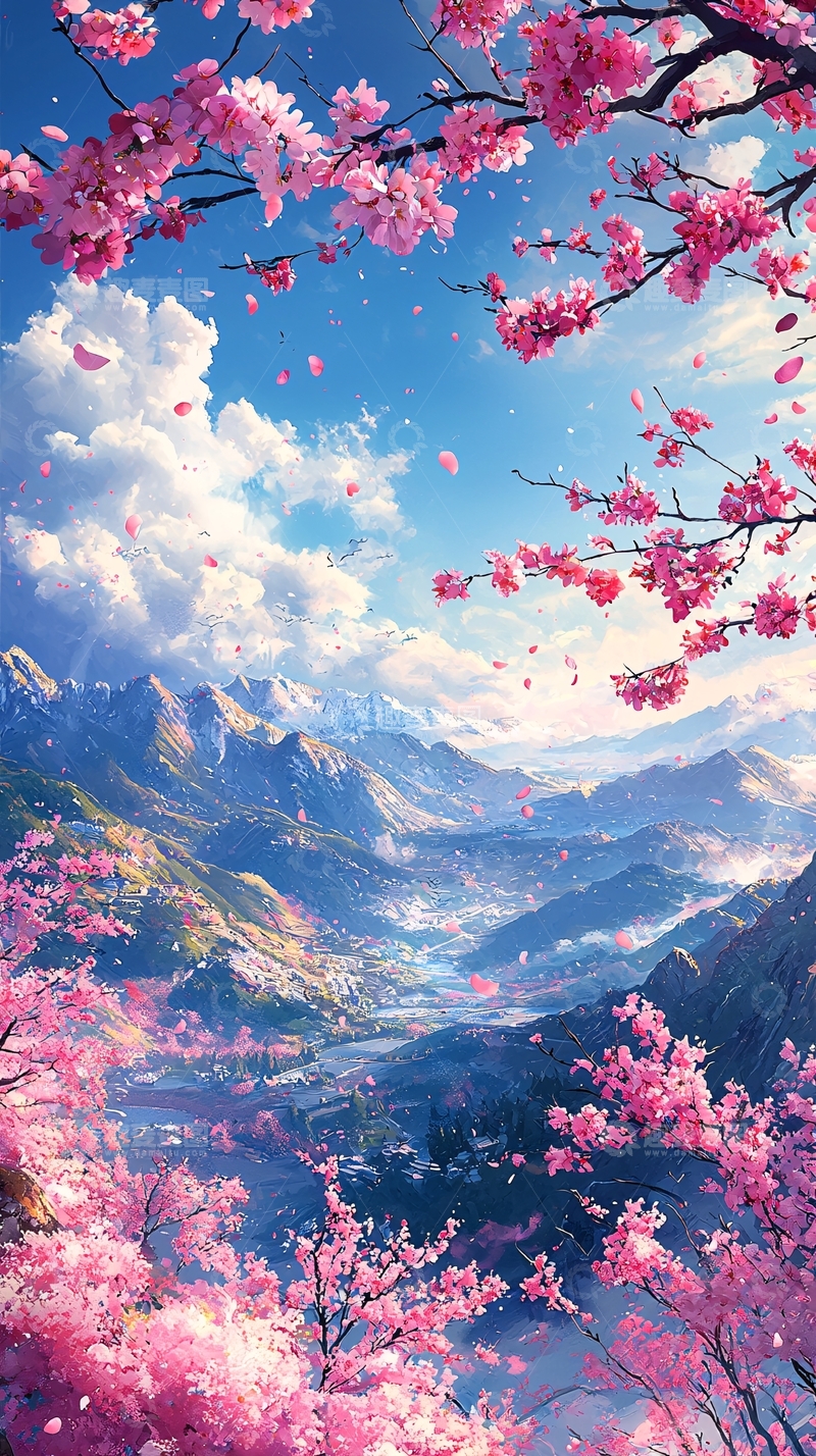 高清大图下载【趣麦麦图】粉色樱花环绕山谷的梦幻场景