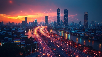 落日余晖下的繁华都市夜景