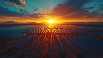 壮丽日落下的太阳能电池板