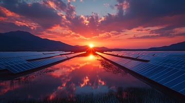 日落下的太阳能电池板