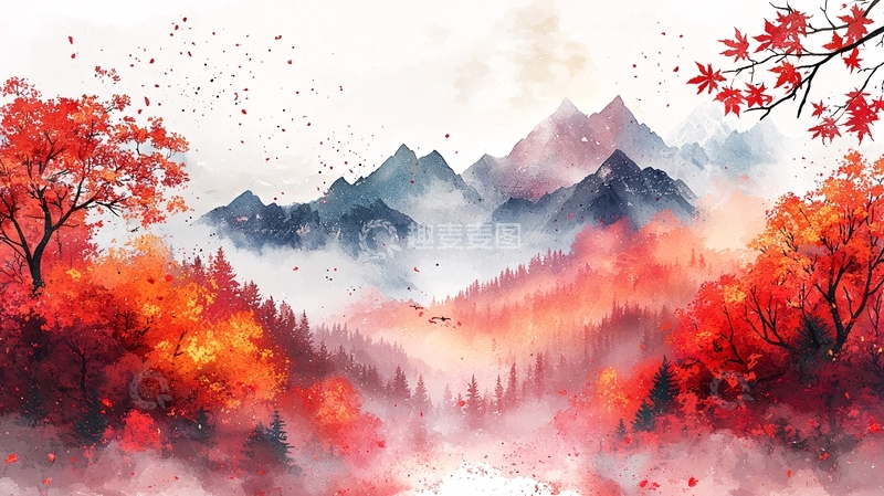 高清大图下载【趣麦麦图】秋日水墨山水画意境