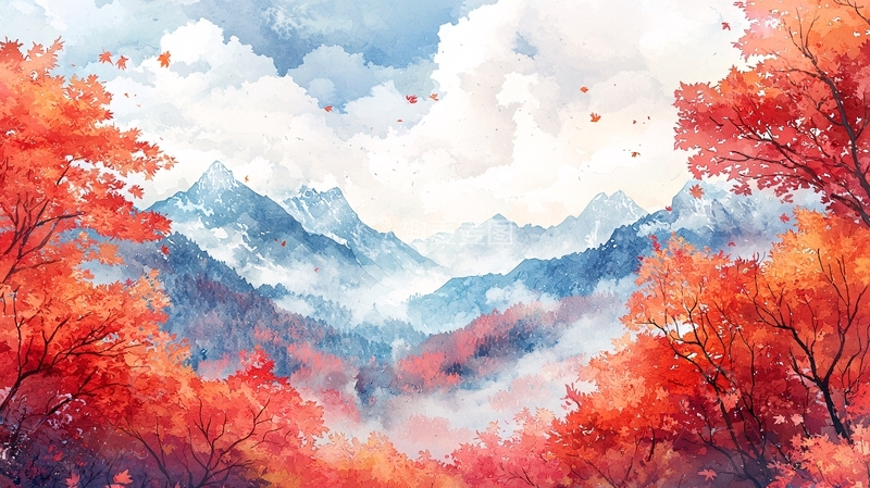 高清大图下载【趣麦麦图】秋日山水水彩风景画