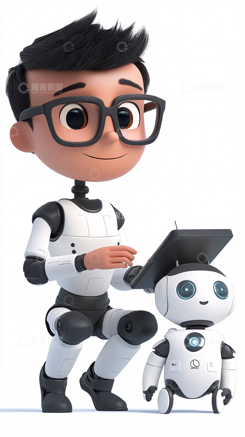 高清大图下载【趣麦麦图】戴眼镜男孩和机器人