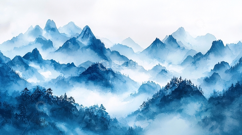 高清大图下载【趣麦麦图】水墨风格的蓝色山峦