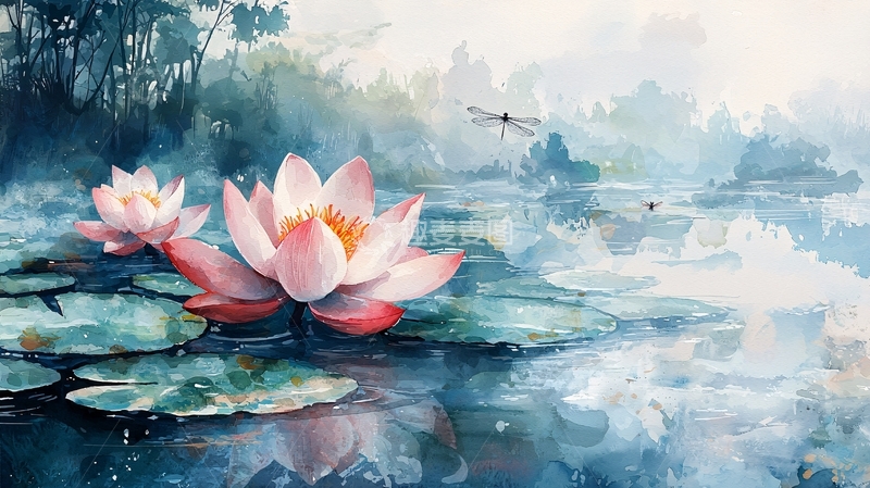 高清大图下载【趣麦麦图】粉色荷花池塘水彩风景画