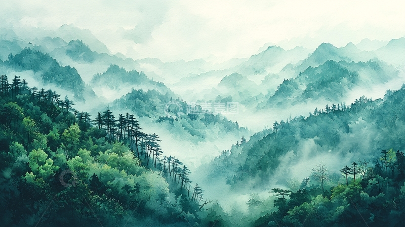高清大图下载【趣麦麦图】雾气缭绕的绿色山峦