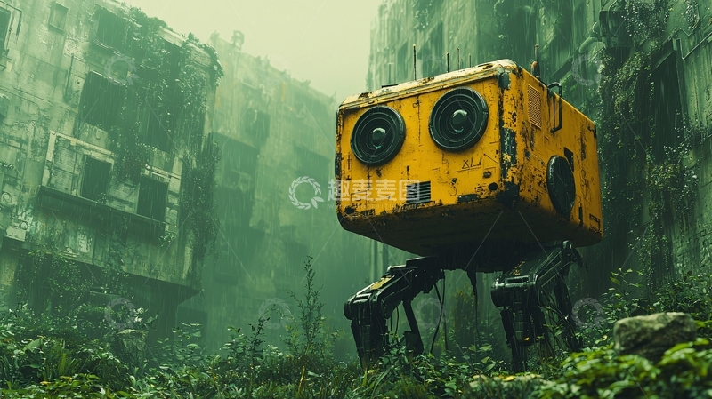 高清大图下载【趣麦麦图】废墟中孤独的黄色机器人