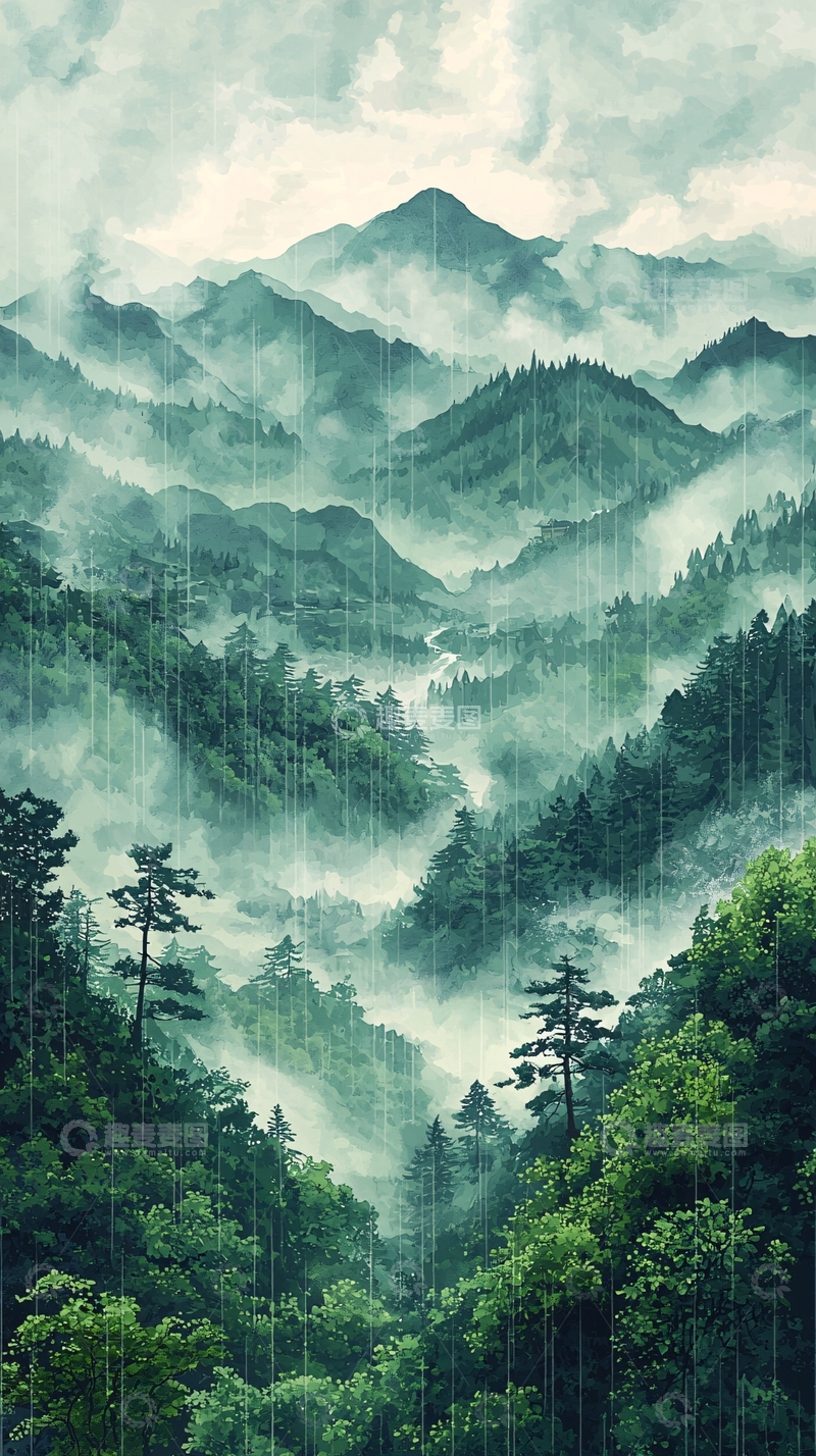 高清大图下载【趣麦麦图】雨雾笼罩下的连绵群山