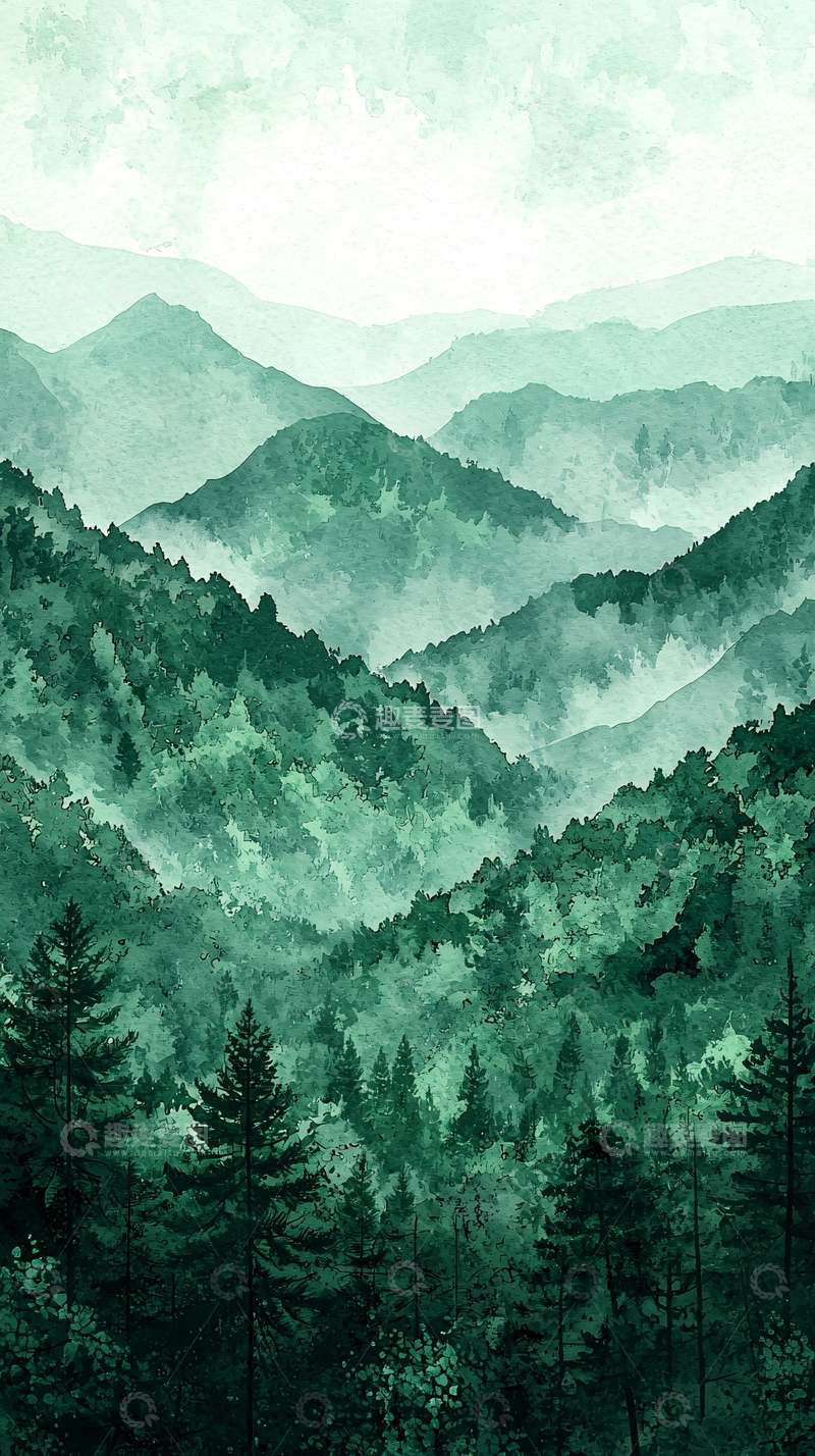 高清大图下载【趣麦麦图】青绿色山峦叠嶂水墨风