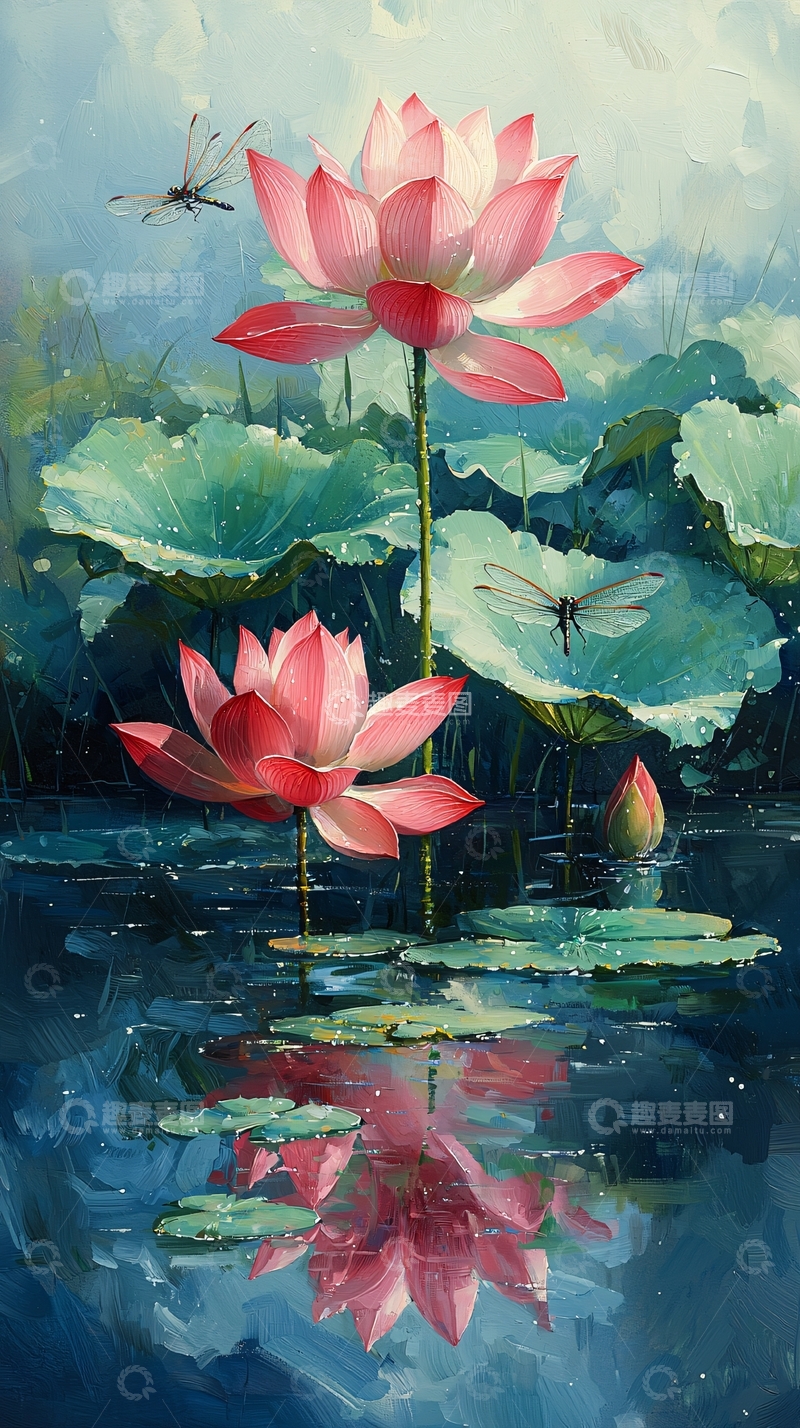 高清大图下载【趣麦麦图】粉色荷花与蜻蜓倒影