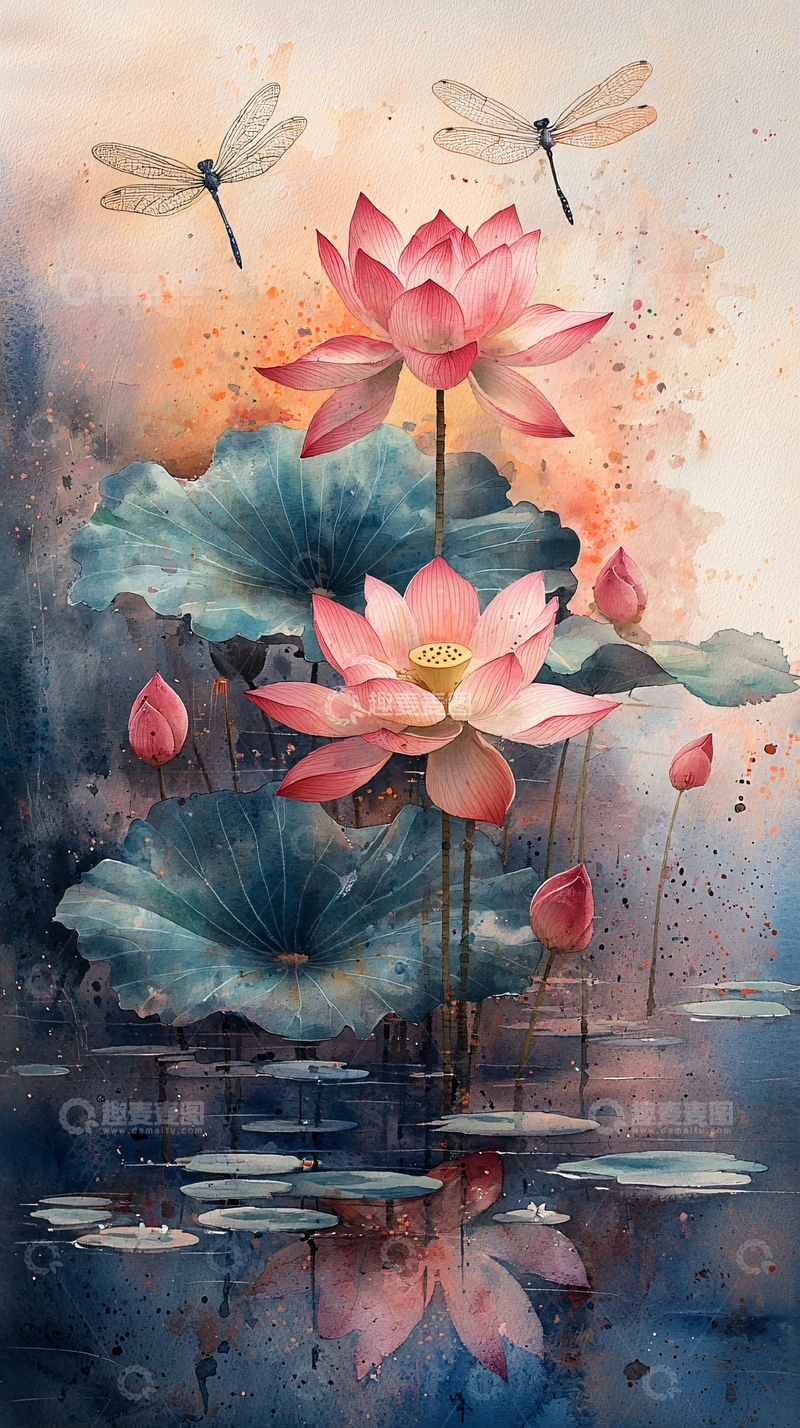 高清大图下载【趣麦麦图】水彩荷花蜻蜓