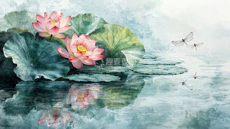 高清大图下载【趣麦麦图】粉色荷花与蜻蜓的水墨画