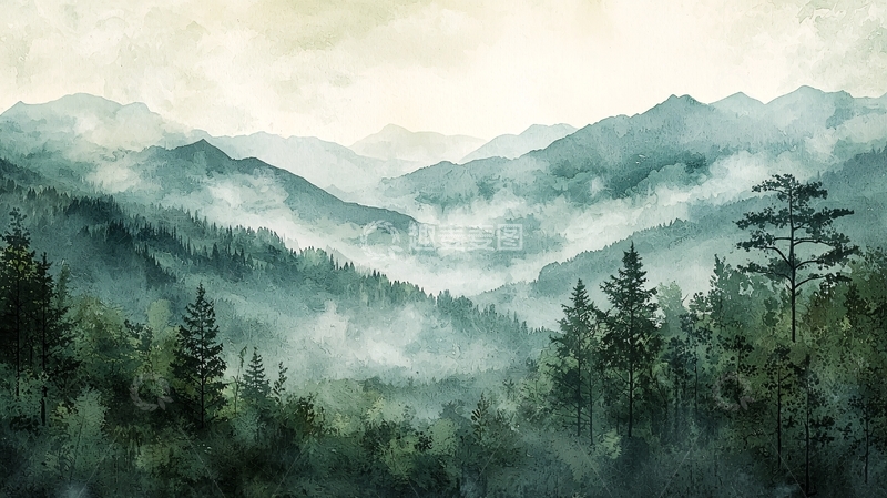 高清大图下载【趣麦麦图】雾气朦胧的山峦森林