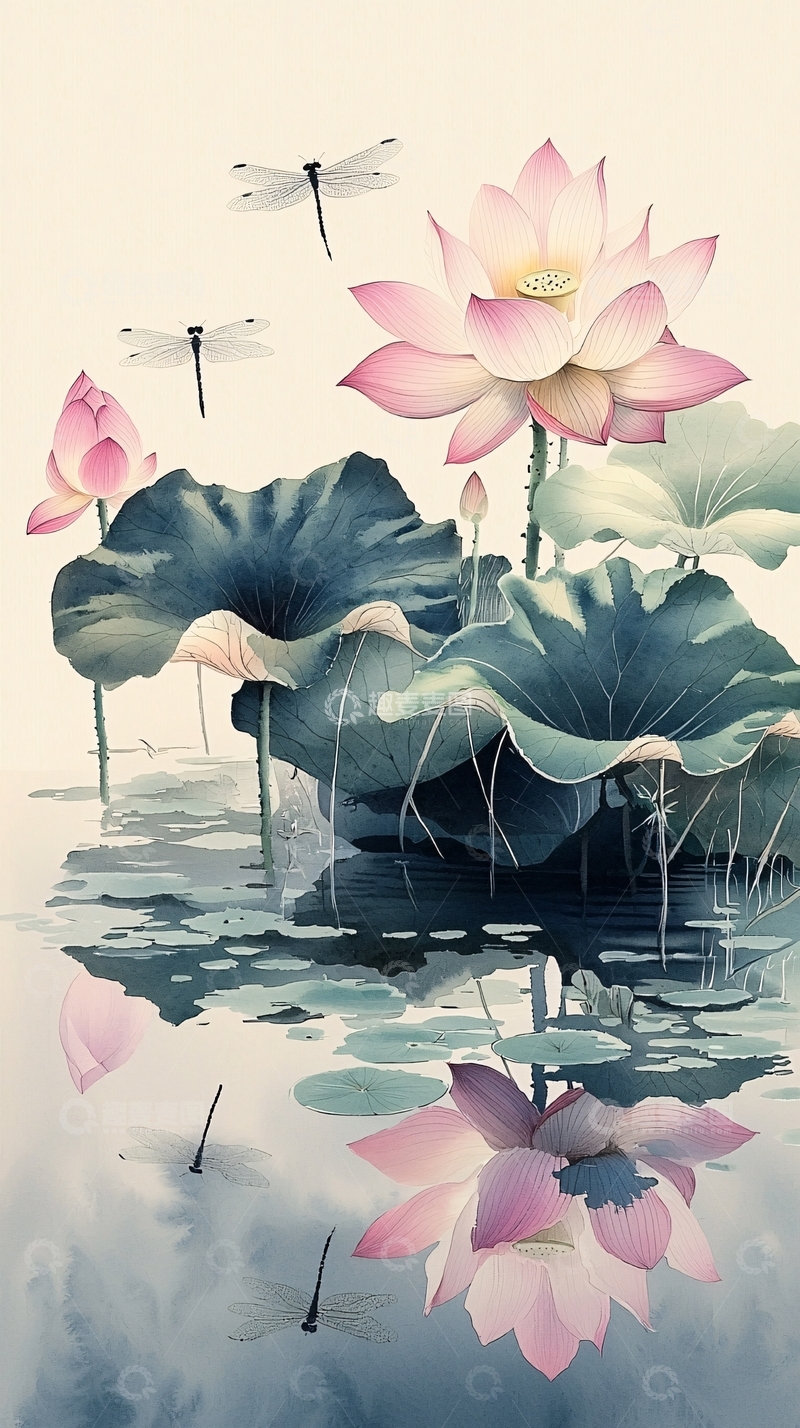 高清大图下载【趣麦麦图】粉色莲花蜻蜓的水墨画