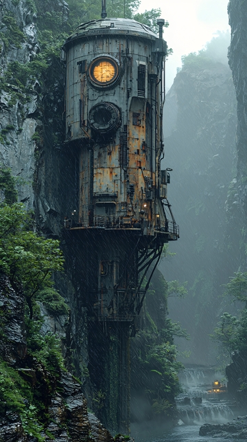 悬崖峭壁上的蒸汽朋克建筑