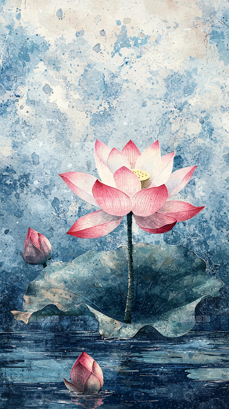 高清大图下载【趣麦麦图】水彩风格的粉色荷花图