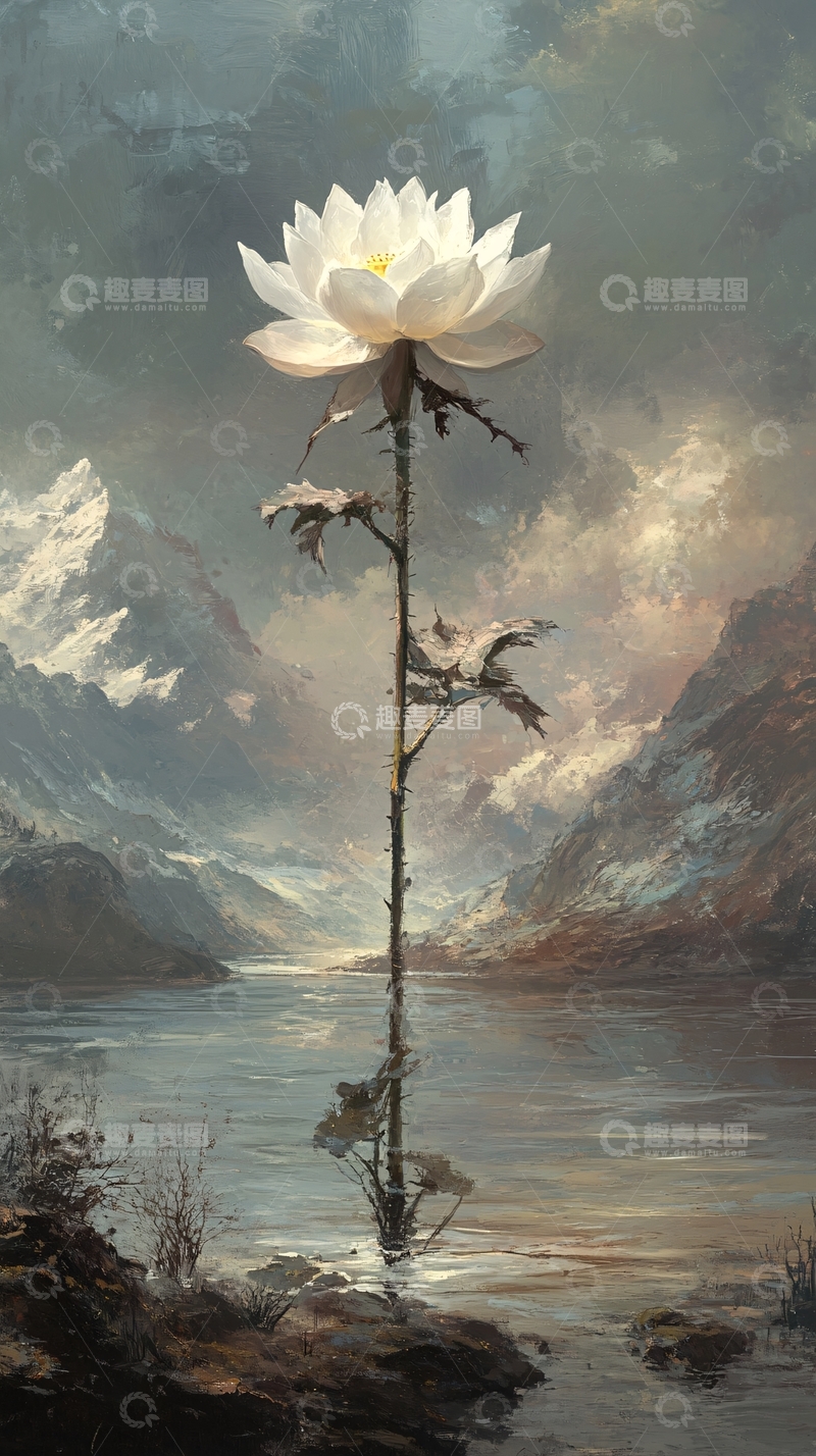 高清大图下载【趣麦麦图】巨型白莲花湖边雪山