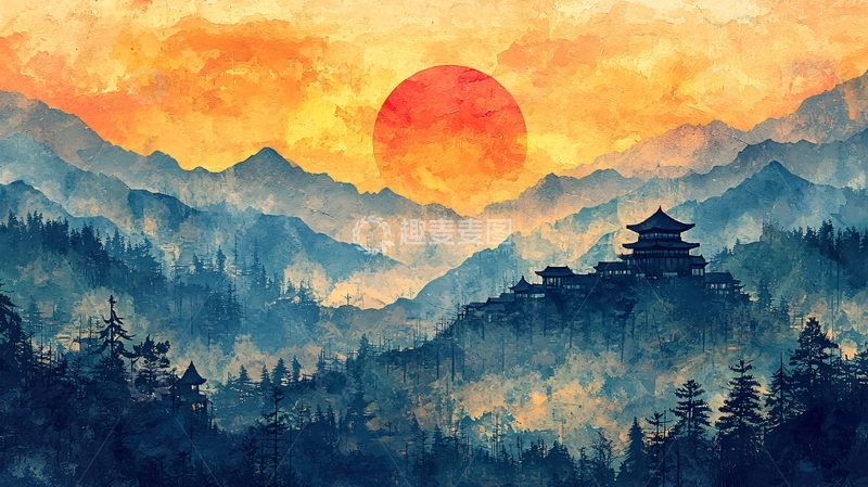 高清大图下载【趣麦麦图】水墨风日出山峦建筑