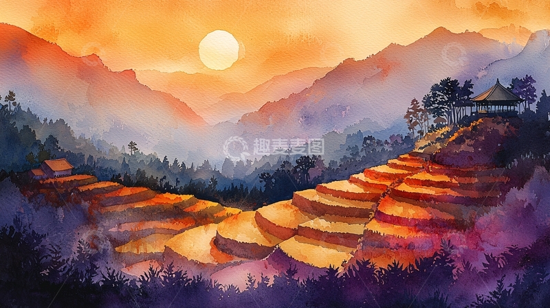 高清大图下载【趣麦麦图】日落山谷梯田风景画