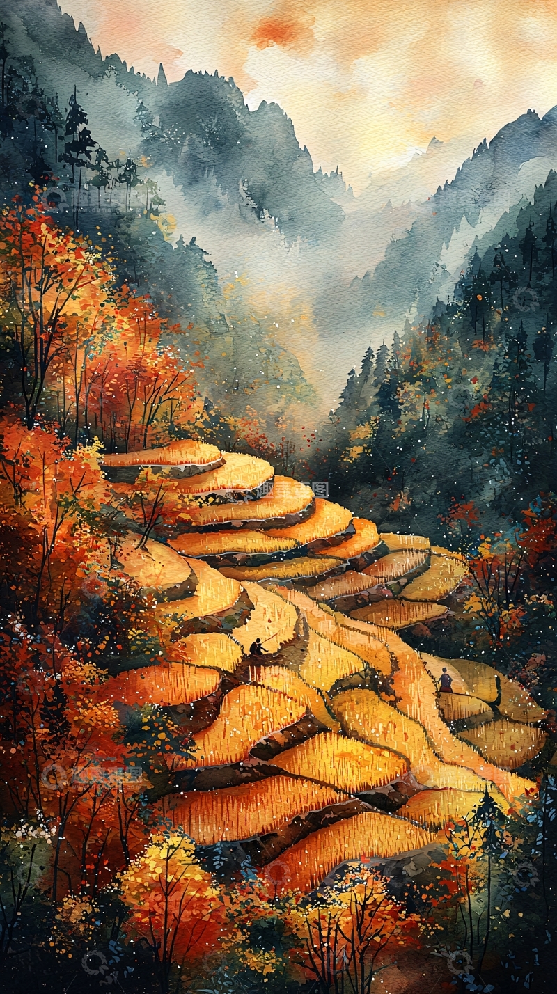 高清大图下载【趣麦麦图】秋日梯田山景图