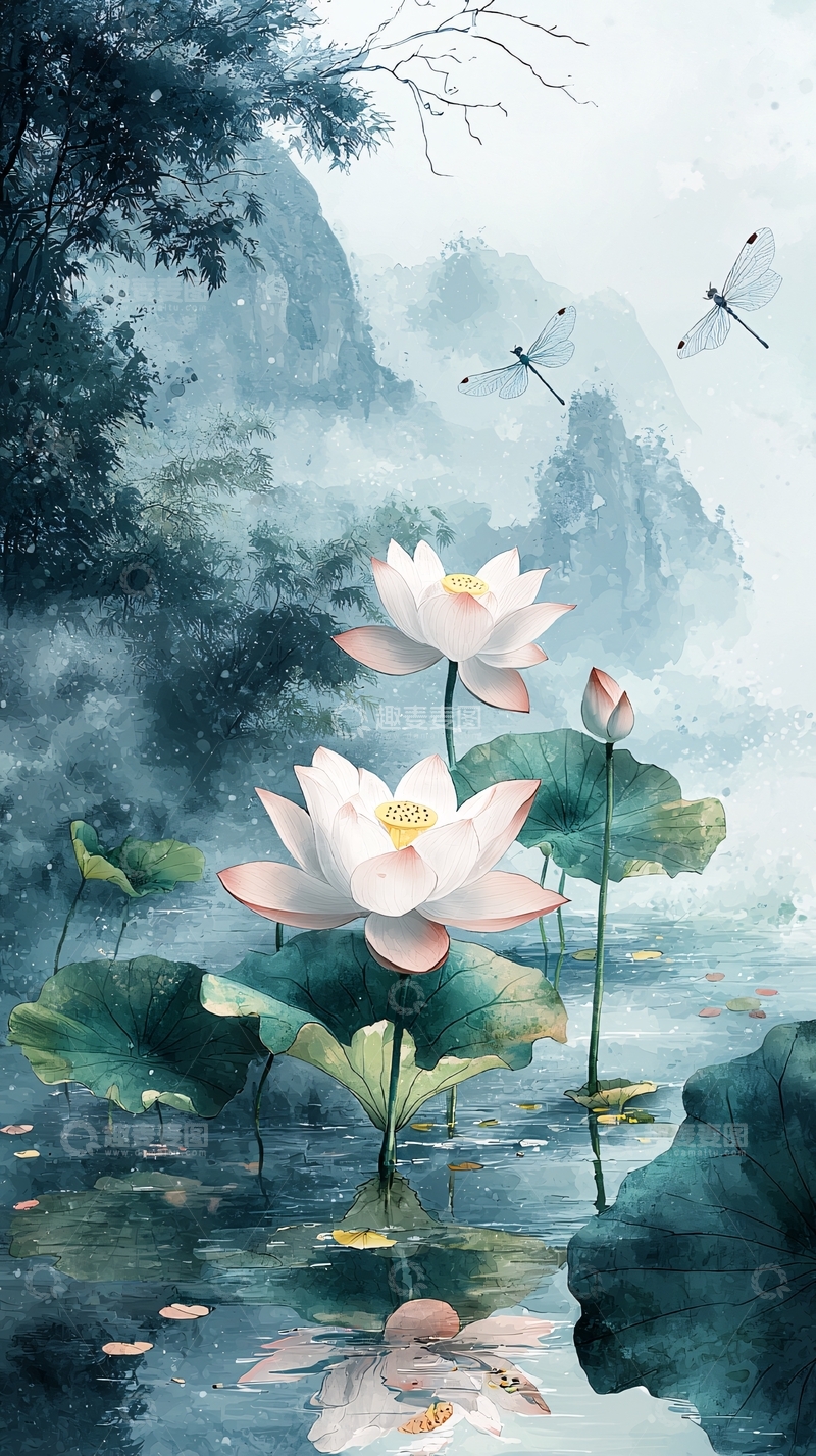 高清大图下载【趣麦麦图】淡雅水墨风荷花蜻蜓