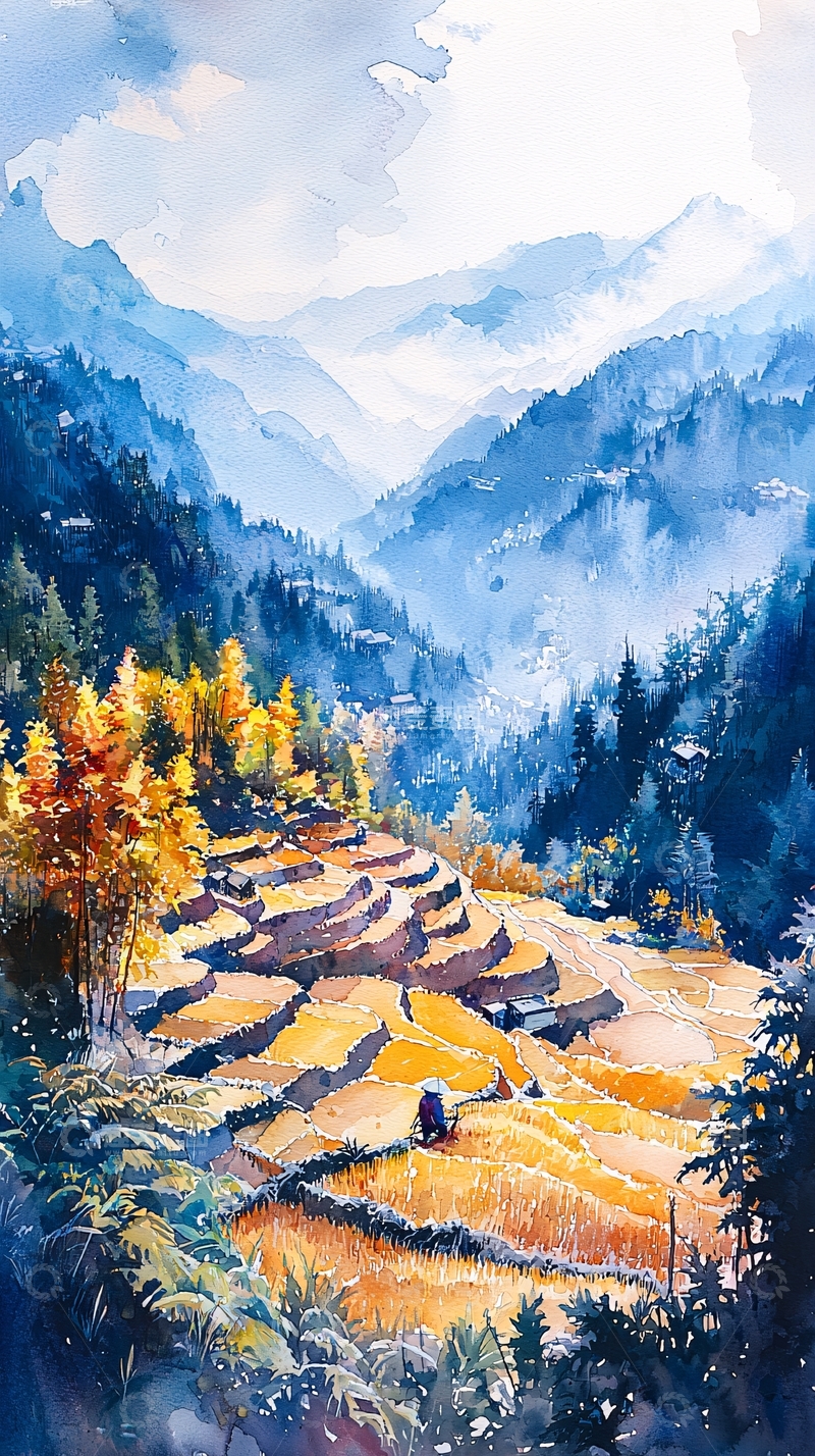 高清大图下载【趣麦麦图】山间梯田秋色水彩画