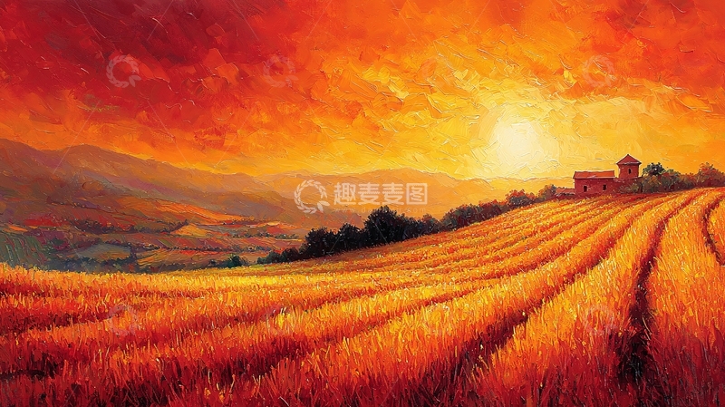 高清大图下载【趣麦麦图】夕阳下的金色田野