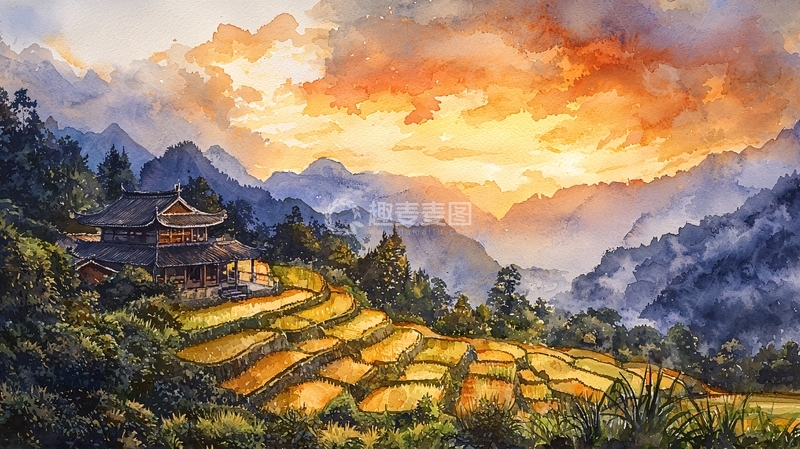 高清大图下载【趣麦麦图】水彩画风的田园风光