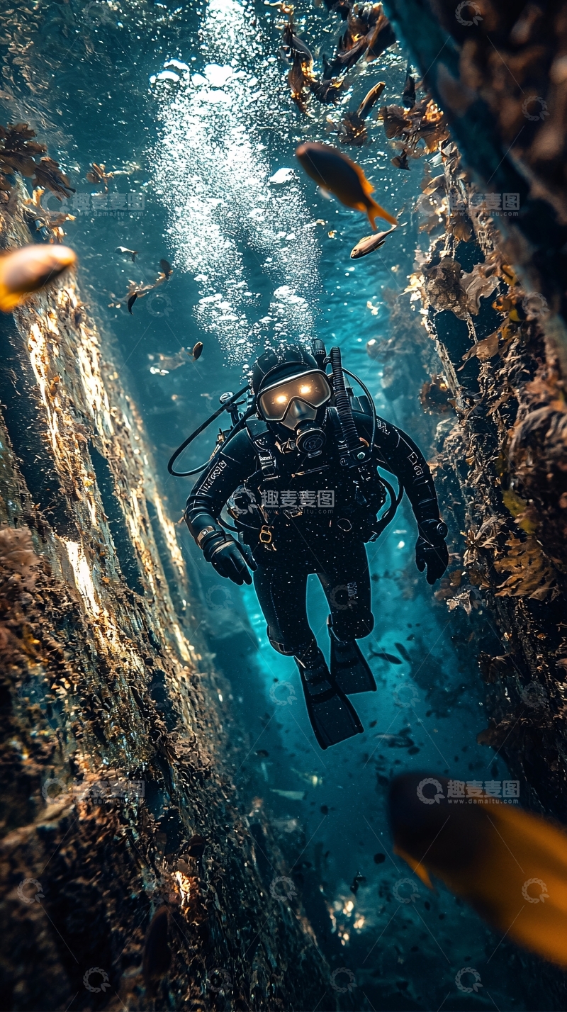 高清大图下载【趣麦麦图】深海潜水员沉船探险