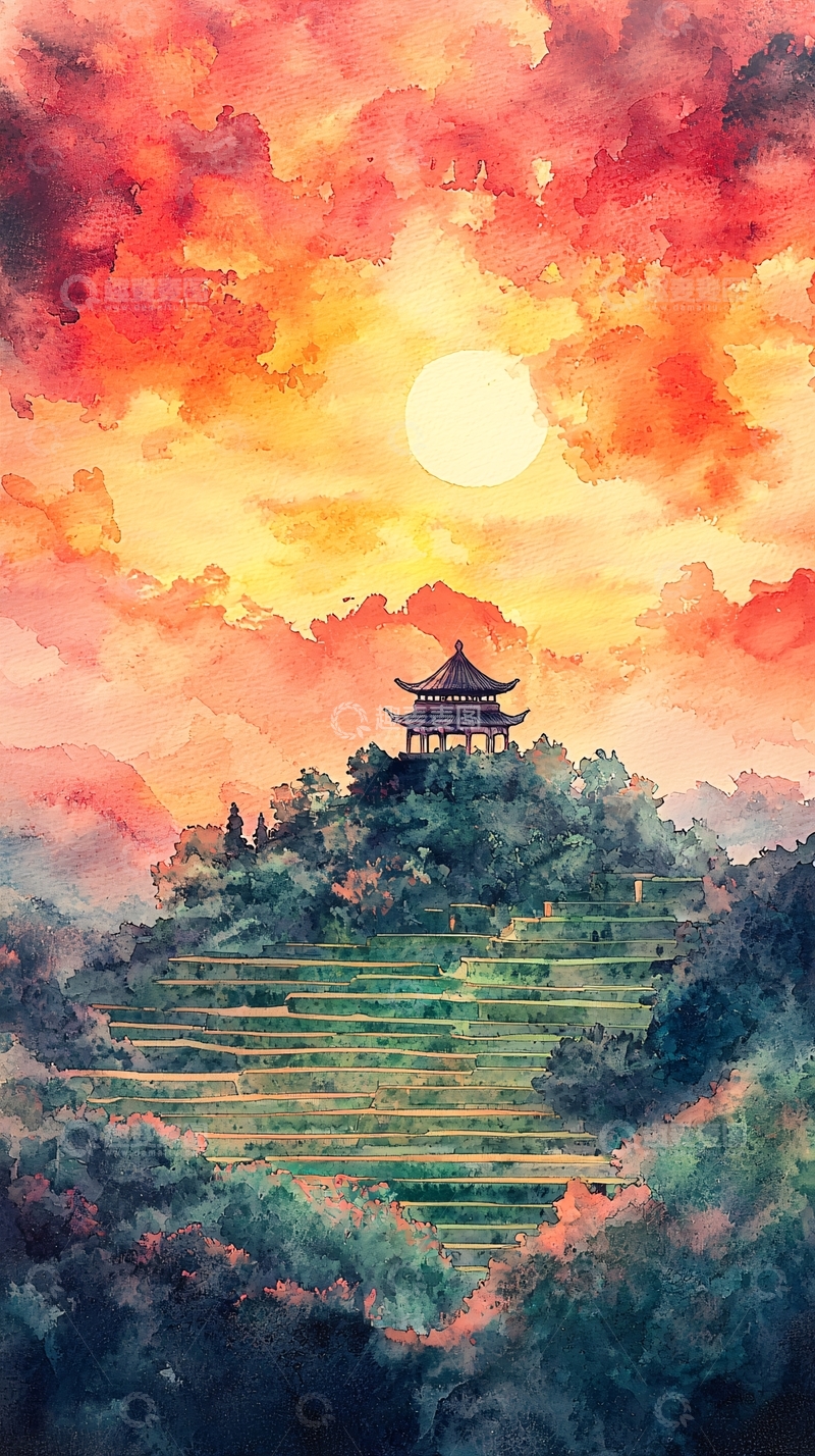 高清大图下载【趣麦麦图】日落山间古建筑