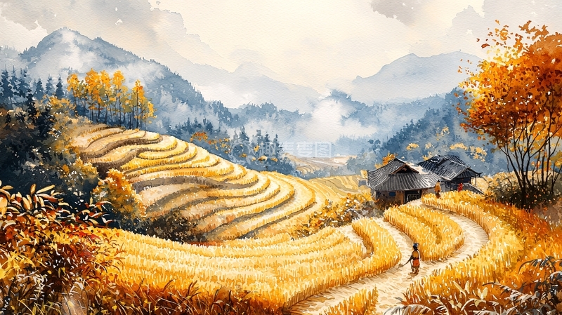 高清大图下载【趣麦麦图】秋收梯田