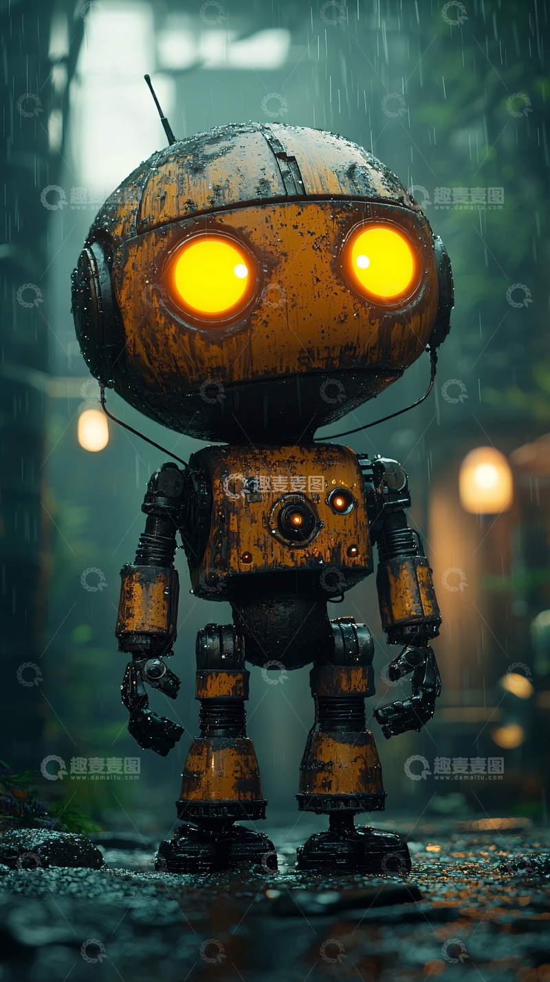高清大图下载【趣麦麦图】雨中复古机器人