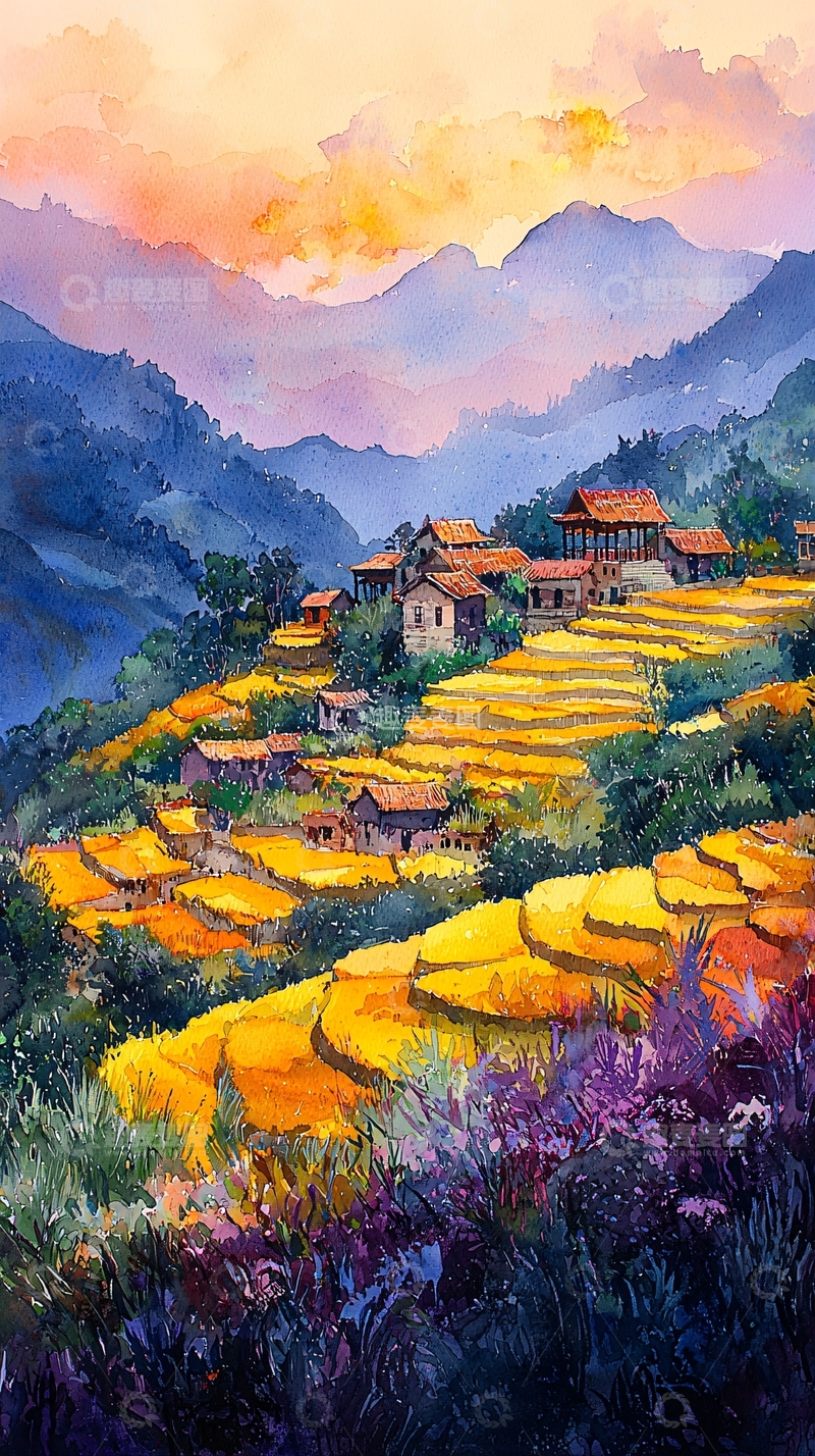 高清大图下载【趣麦麦图】水彩梯田村庄风景画