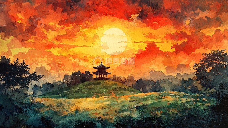 高清大图下载【趣麦麦图】水墨画日落