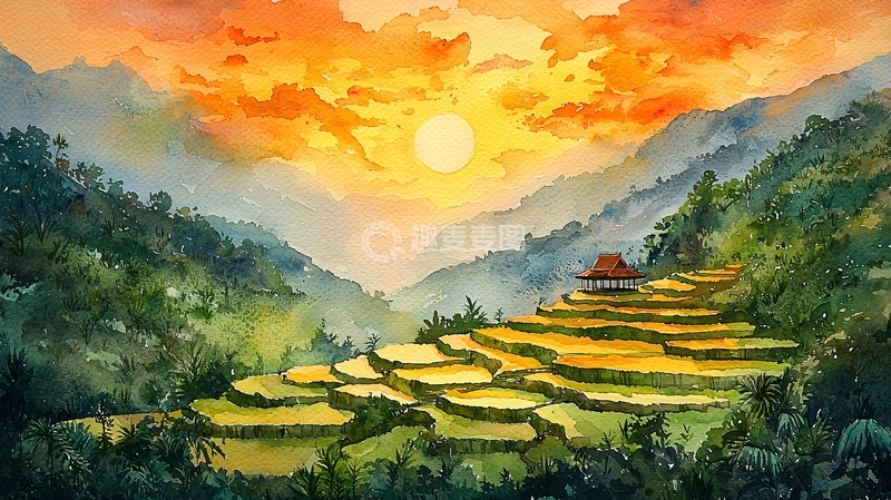 高清大图下载【趣麦麦图】水彩日落梯田田园风光